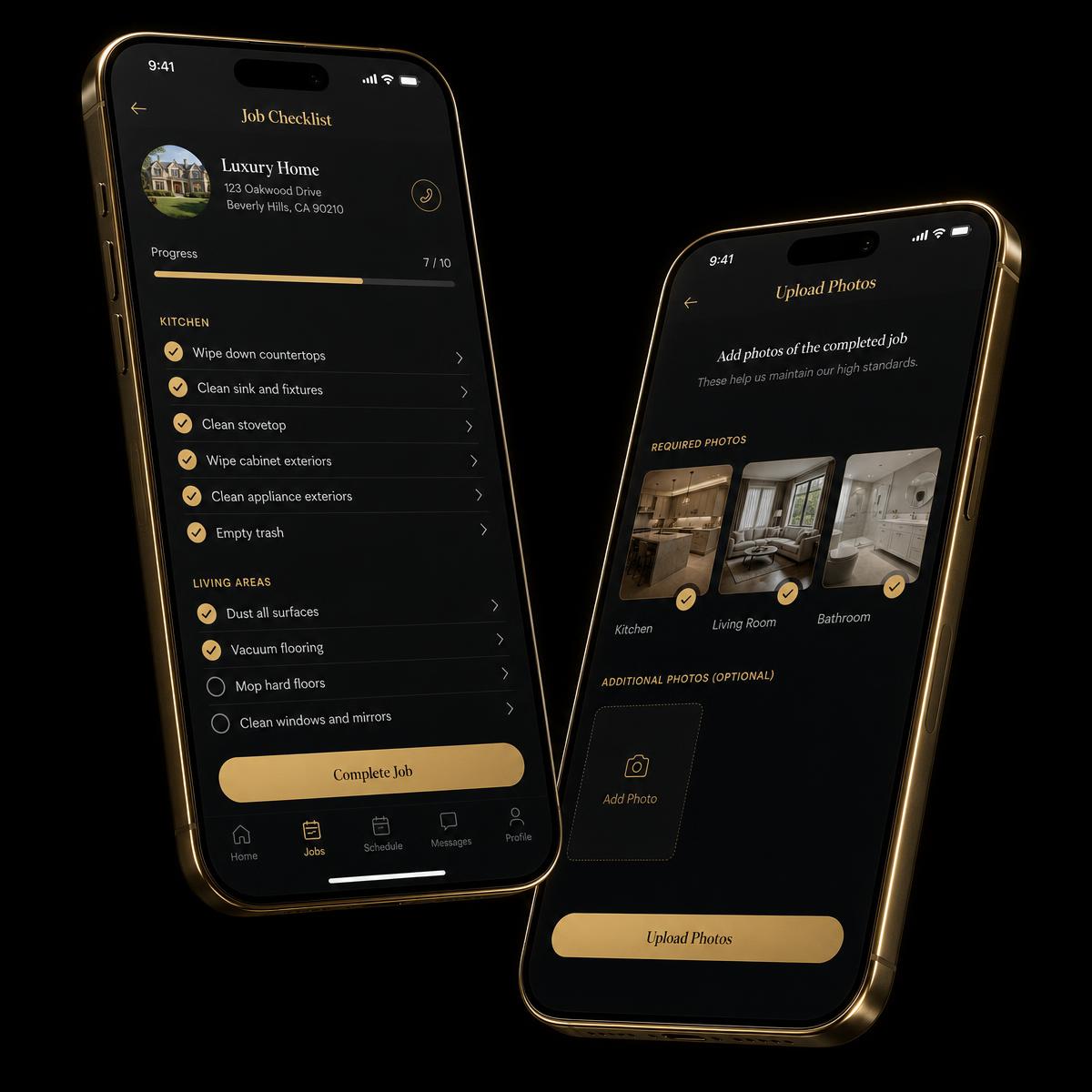 Sparkd mobile app showing a cleaner's job checklist and photo upload